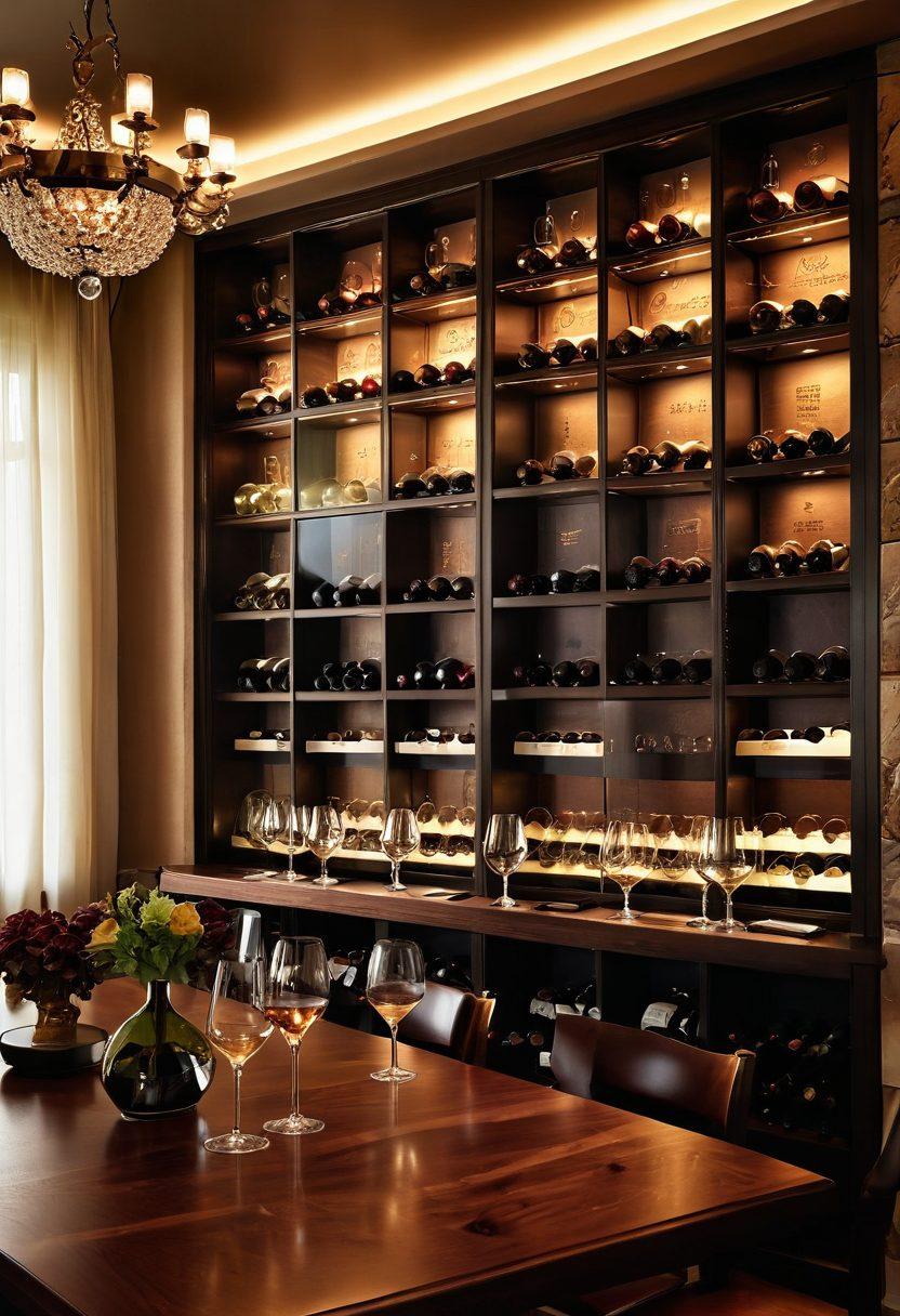 A visually stunning wine cellar filled with various luxurious wine bottles from around the world, showcasing a global map etched on the wall behind. Elegant wine glasses and a decanter placed artfully on a polished wooden table, with soft ambient lighting highlighting the richness of the wine colors. The atmosphere conveys a sense of sophistication and history in luxury wine distribution. super-realistic. elegant color palette. warm lighting.