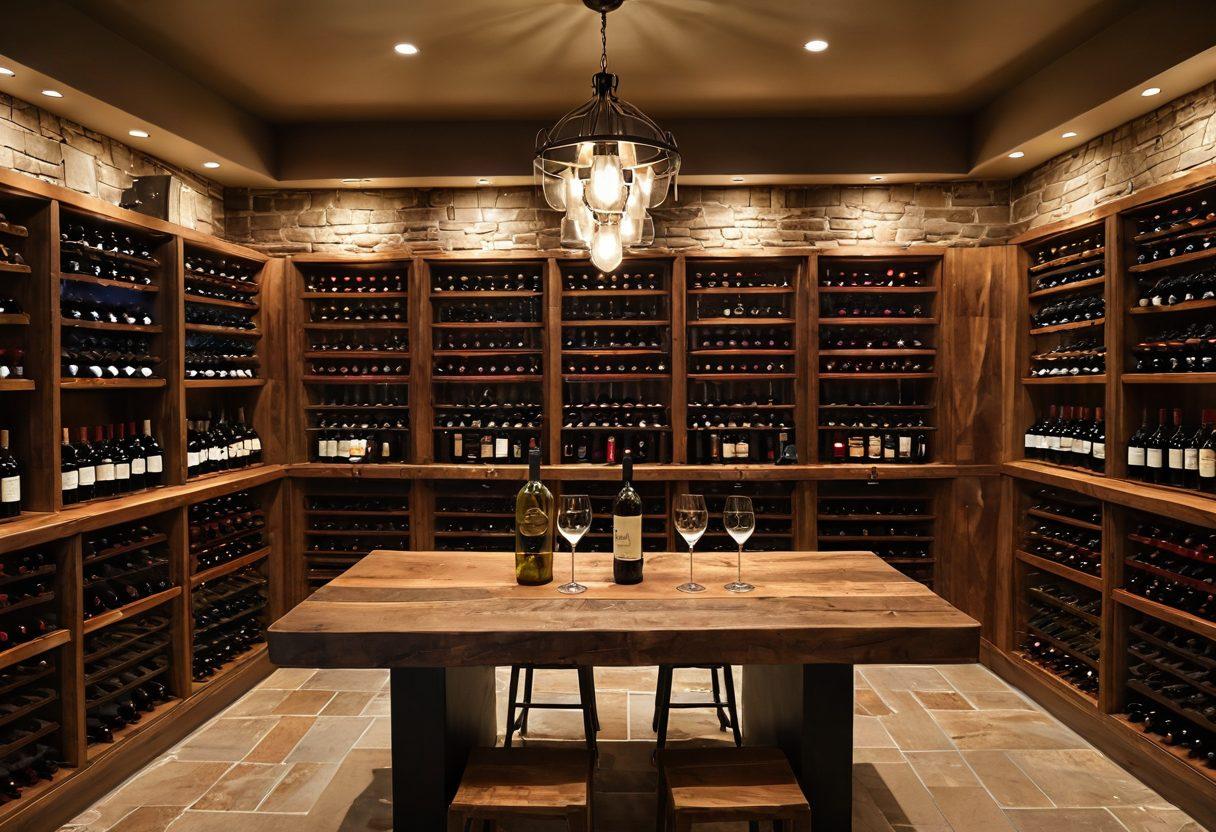 A beautifully arranged wine cellar filled with an array of exquisite wine bottles, showcasing various labels and colors. Include a stylish wooden tasting table with elegant glasses and a corkscrew at the forefront. Soft ambient lighting highlights the labels and creates a warm, inviting atmosphere. Add a backdrop of lush vineyards visible through an arched window to convey the essence of wine culture. super-realistic. warm tones. 3D.