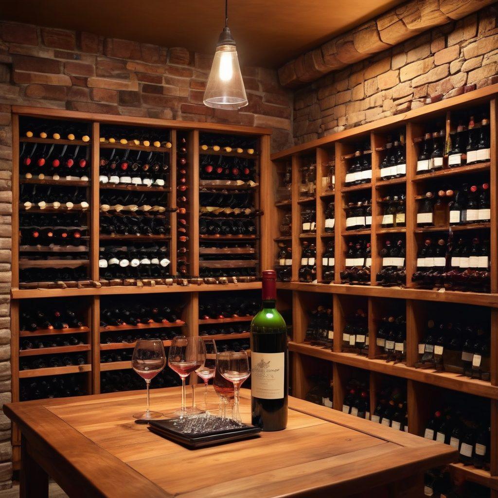 A beautifully arranged wine cellar with rows of exquisite bottles, showcasing a variety of colors and labels, a corkscrew and wine glass placed elegantly on a wooden table, soft warm lighting creating a cozy ambiance, intricate details of grapevines visible in the background. super-realistic. vibrant colors. warm tones.